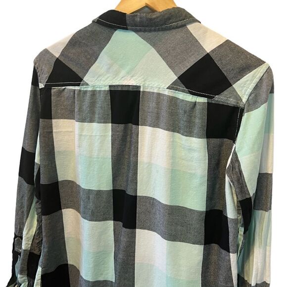 Mint Plaid Casual Cotton Button Up Long Sleeve Top S - Picture 5 of 9